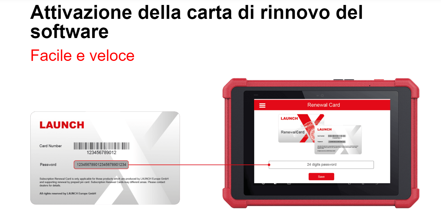 "Card per abbonamento aggiornamenti Launch X431."
"Compatibilità dispositivi diagnostici Launch."
"Software aggiornamenti ufficiali FCA per Launch."
"Abbonamento diagnostico Launch 12/24 mesi."